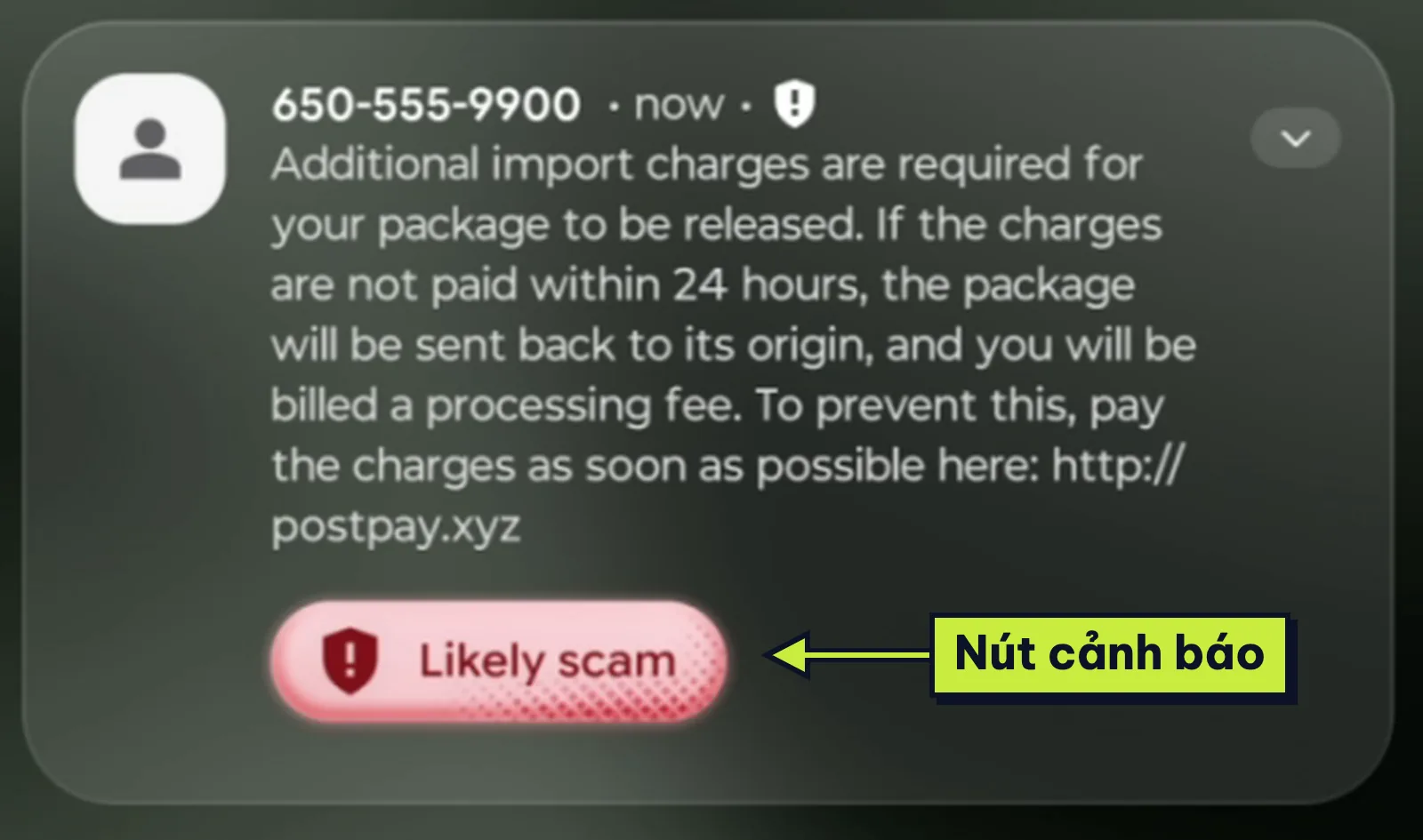 Thông báo tin nhắn đòi phí nhận hàng kèm nút cảnh báo Likely scam