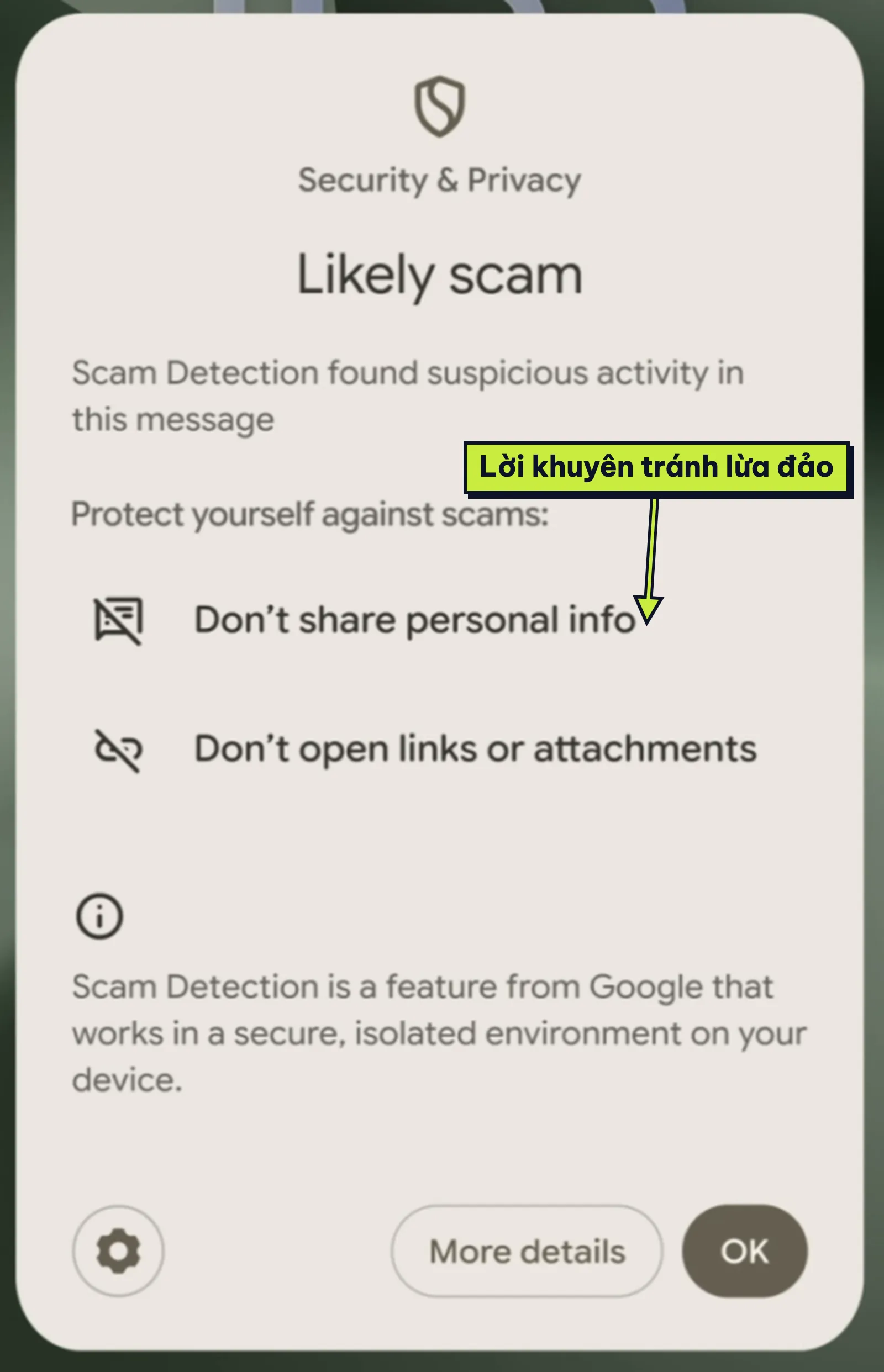 Hộp thoại Likely scam khuyên không chia sẻ thông tin và không mở link