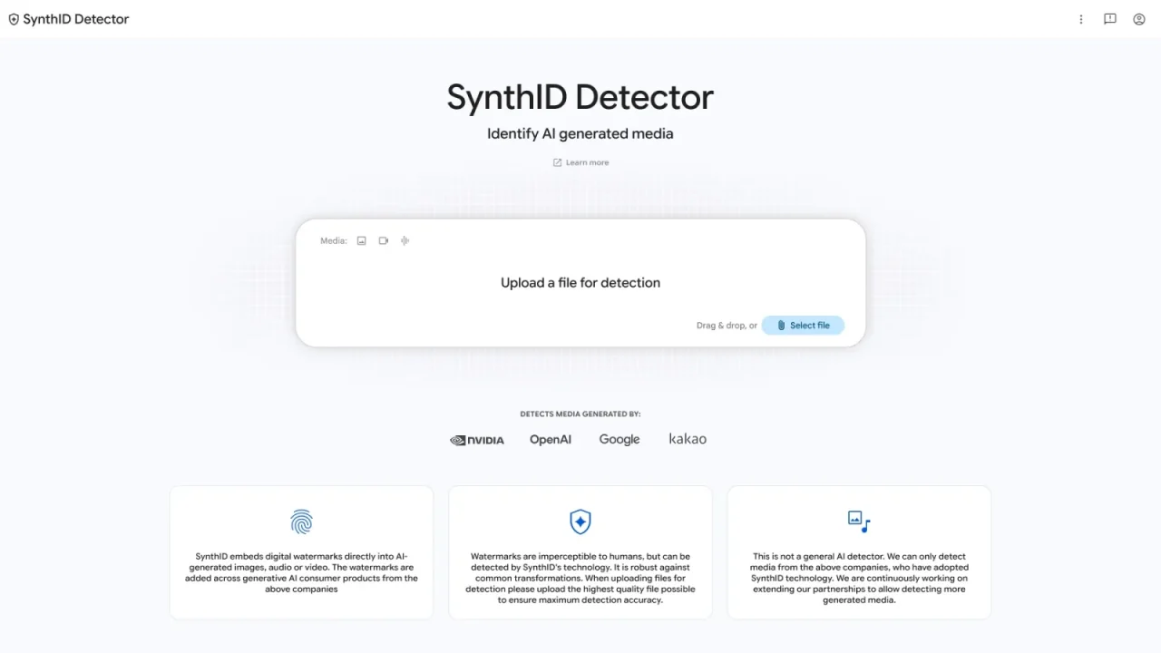 Trang tải file của SynthID Detector với ô chọn file và logo NVIDIA, OpenAI, Google, Kakao