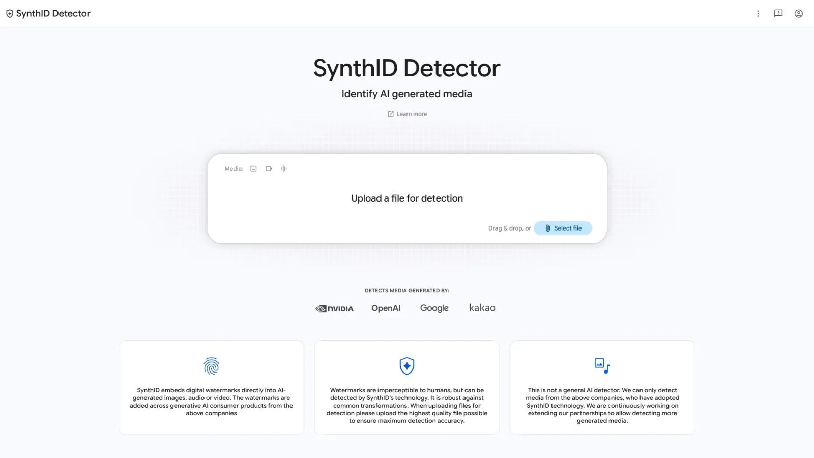 Trang tải file của SynthID Detector với ô chọn file và logo NVIDIA, OpenAI, Google, Kakao