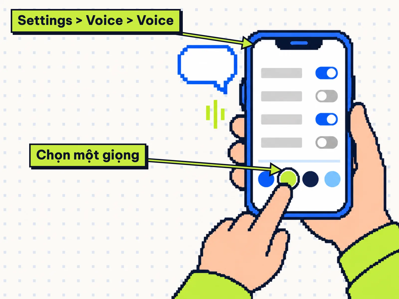 Tranh bàn tay chọn giọng nói trong phần cài đặt Voice của ChatGPT