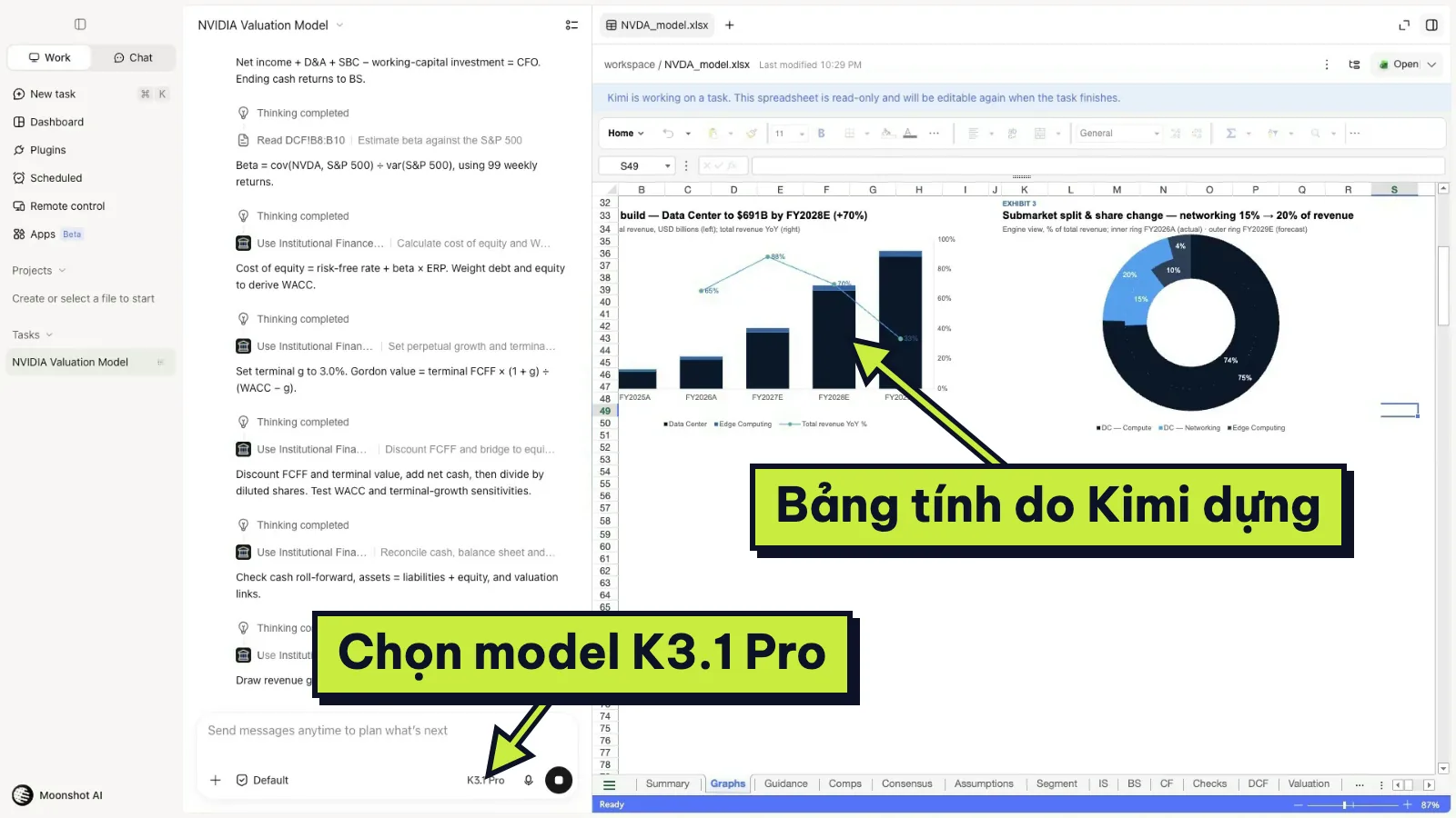 App Kimi Work chạy Kimi K3.1 Pro dựng mô hình định giá trong bảng tính