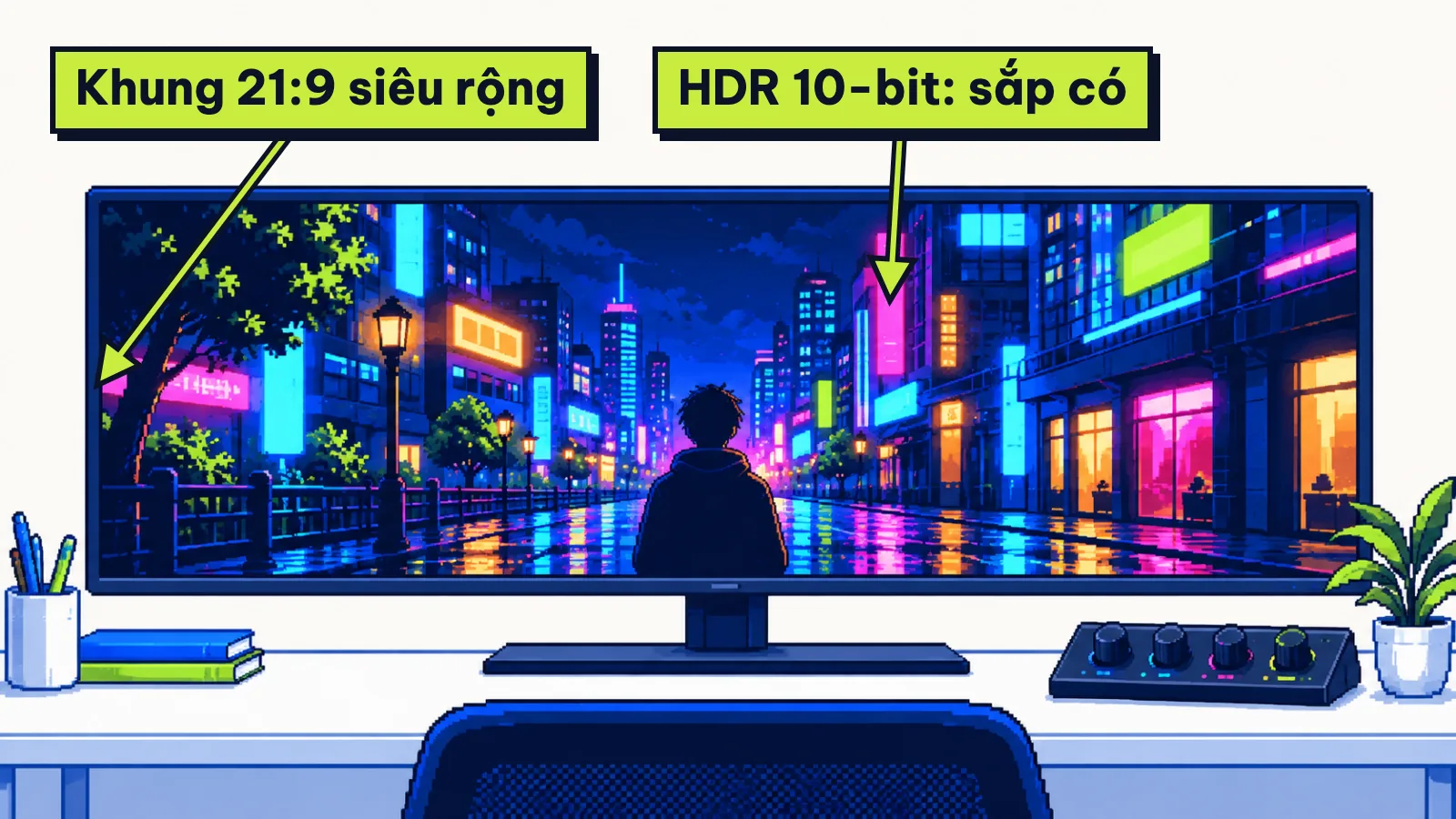 Tranh màn hình siêu rộng chiếu cảnh phố đêm đèn neon, minh hoạ HDR và khung 21:9