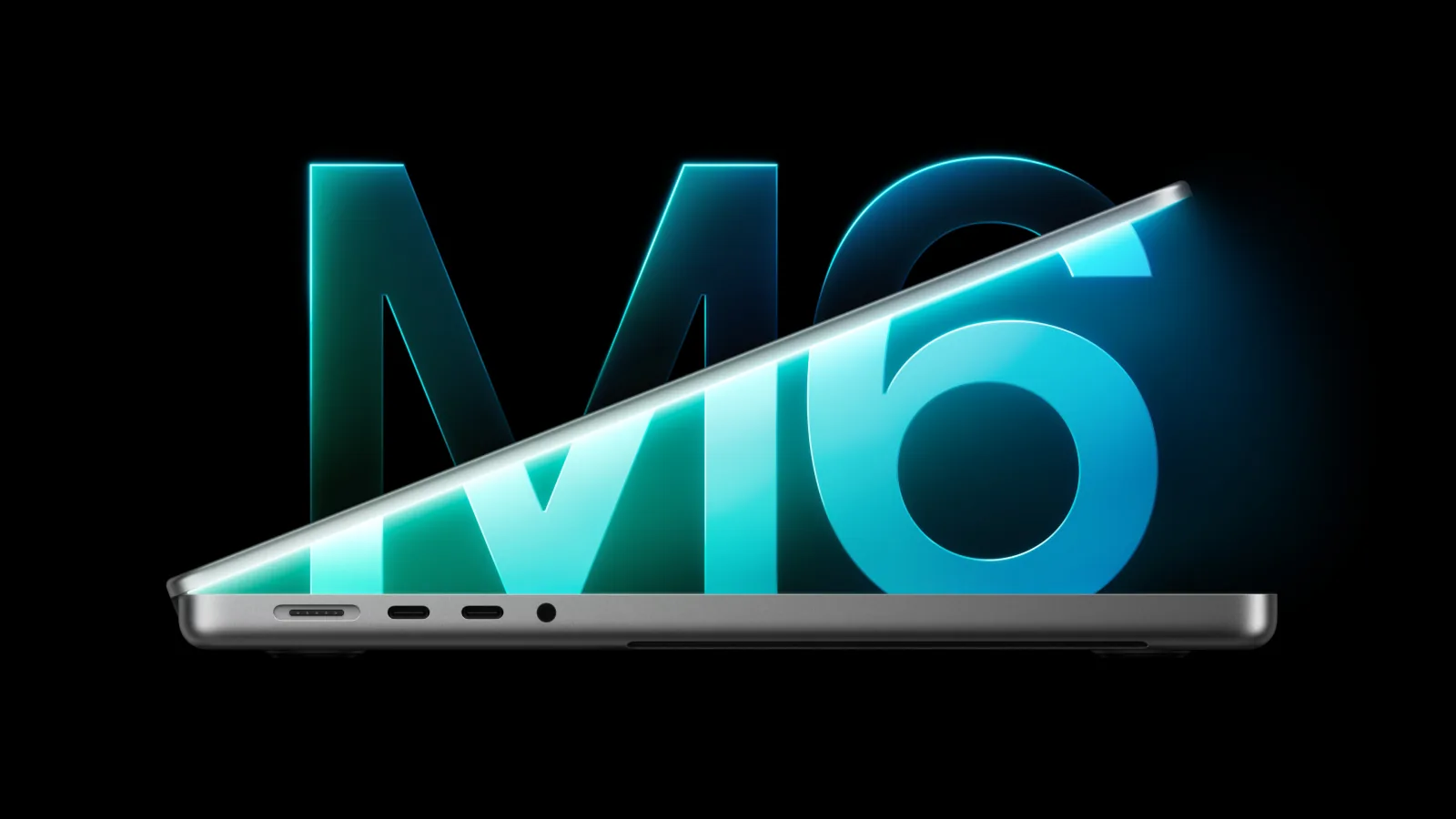 MacBook Pro 14 inch M6 màu Đen Không Gian mở hé trước chữ M6 phát sáng