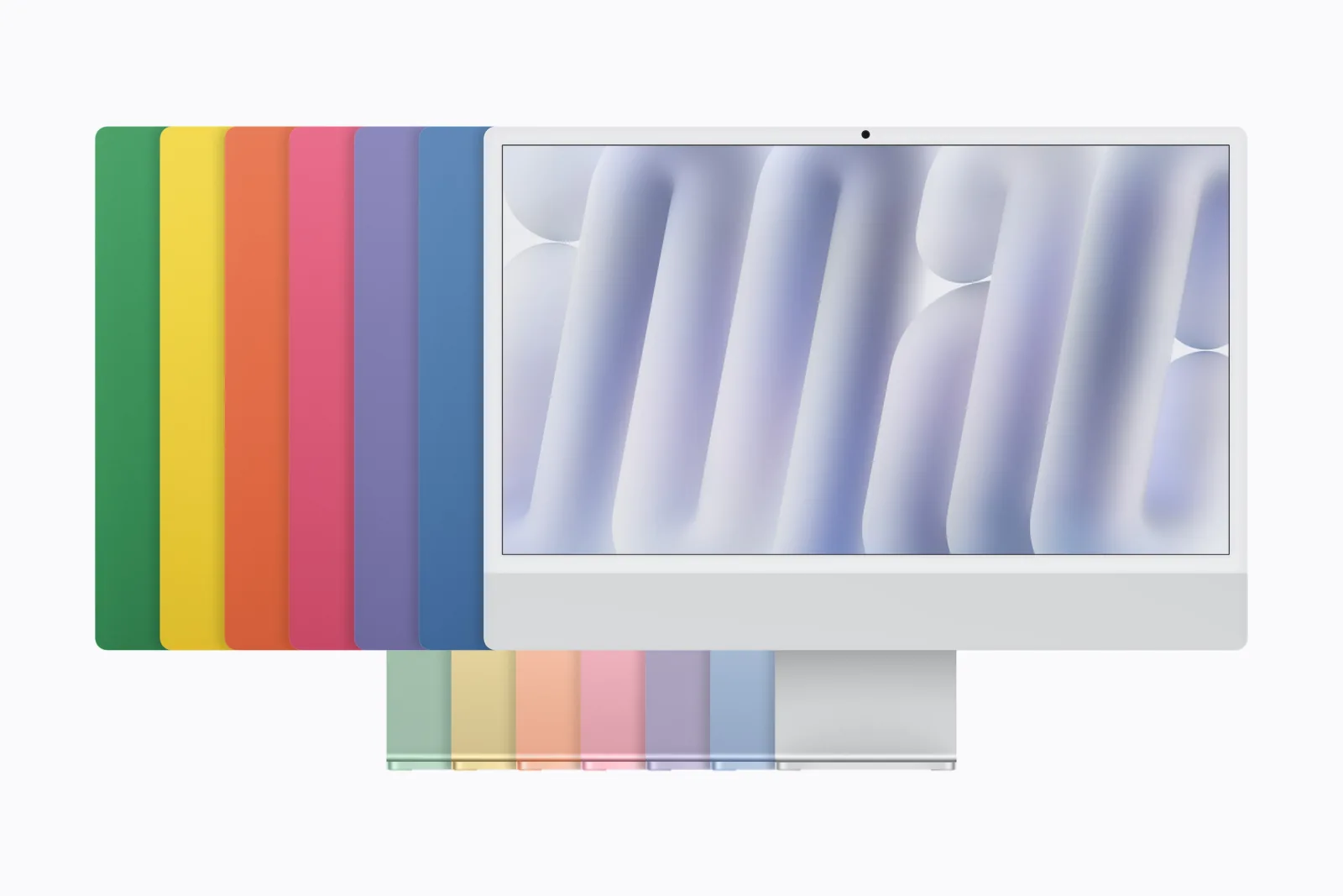 iMac M6 màu bạc phía trước sáu mặt lưng xanh lá, vàng, cam, hồng, tím, xanh dương