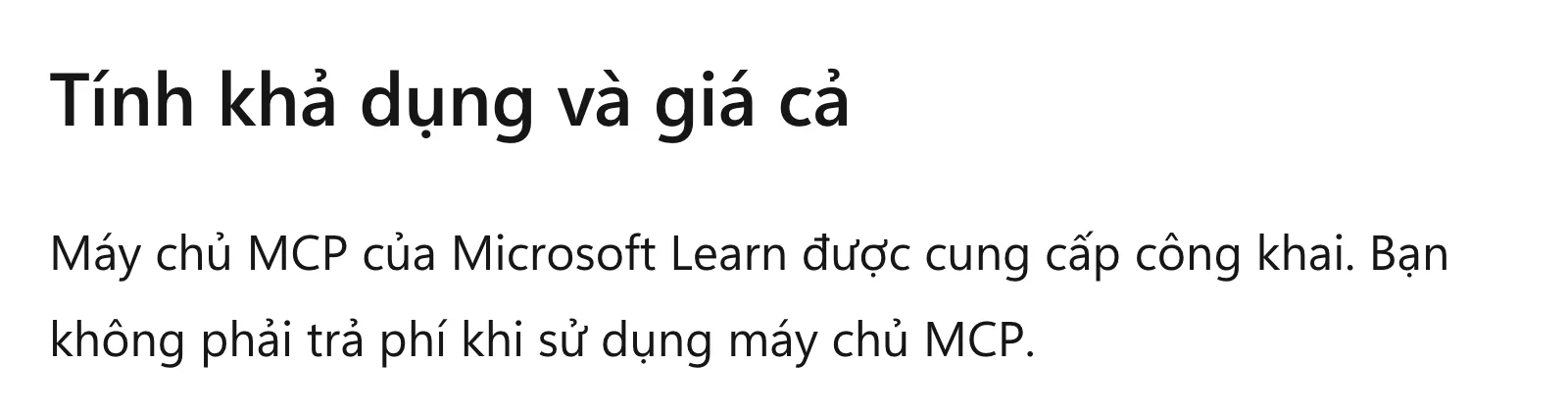 Mục giá trên trang Microsoft Learn ghi người dùng không phải trả phí khi dùng máy chủ MCP của Microsoft Learn