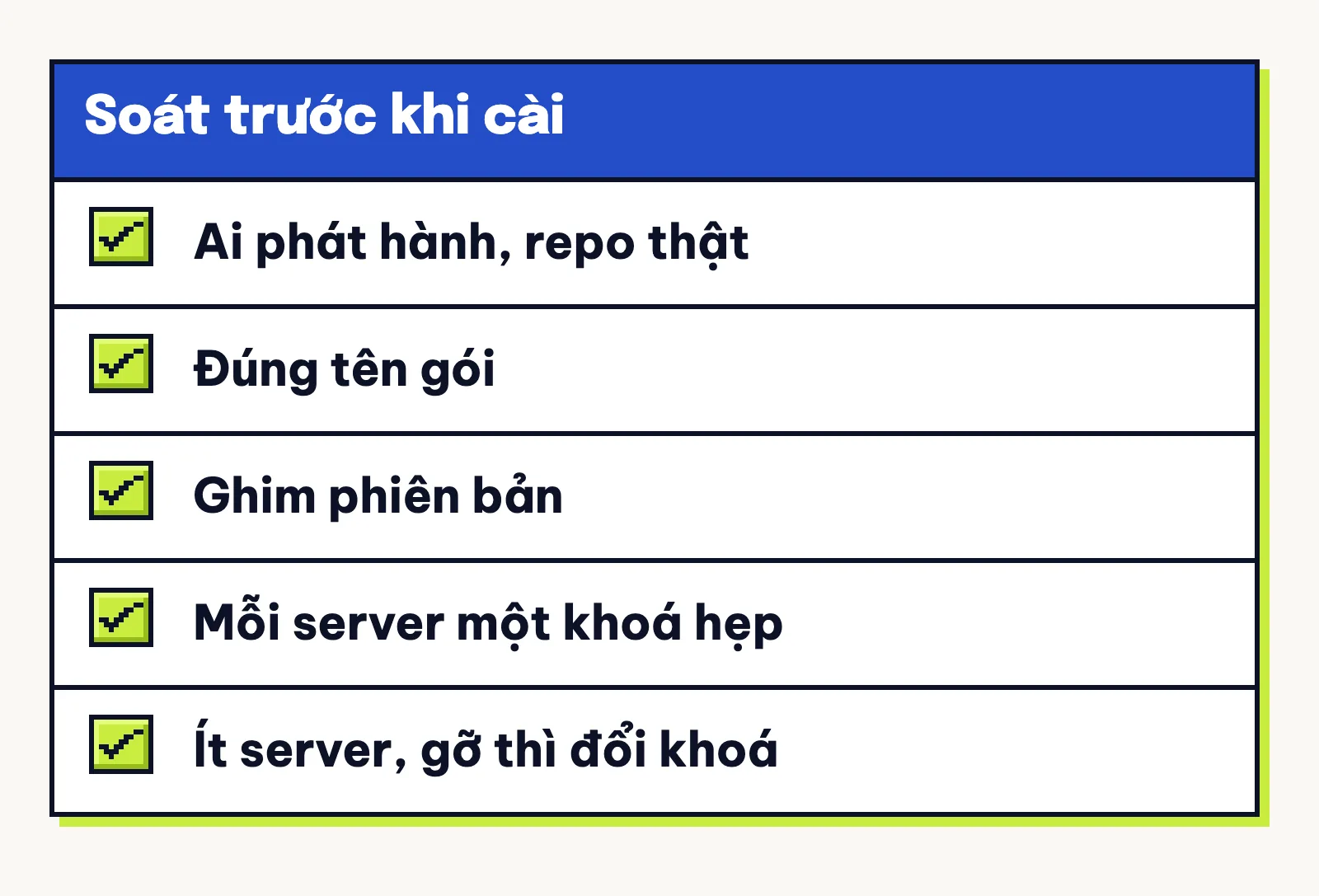 Danh sách năm việc soát trước khi cài MCP server: người phát hành, tên gói, phiên bản, khoá riêng, số server