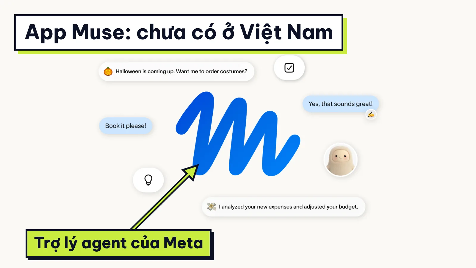 Ảnh giới thiệu app Muse của Meta với các bong bóng chat quanh biểu tượng chữ M