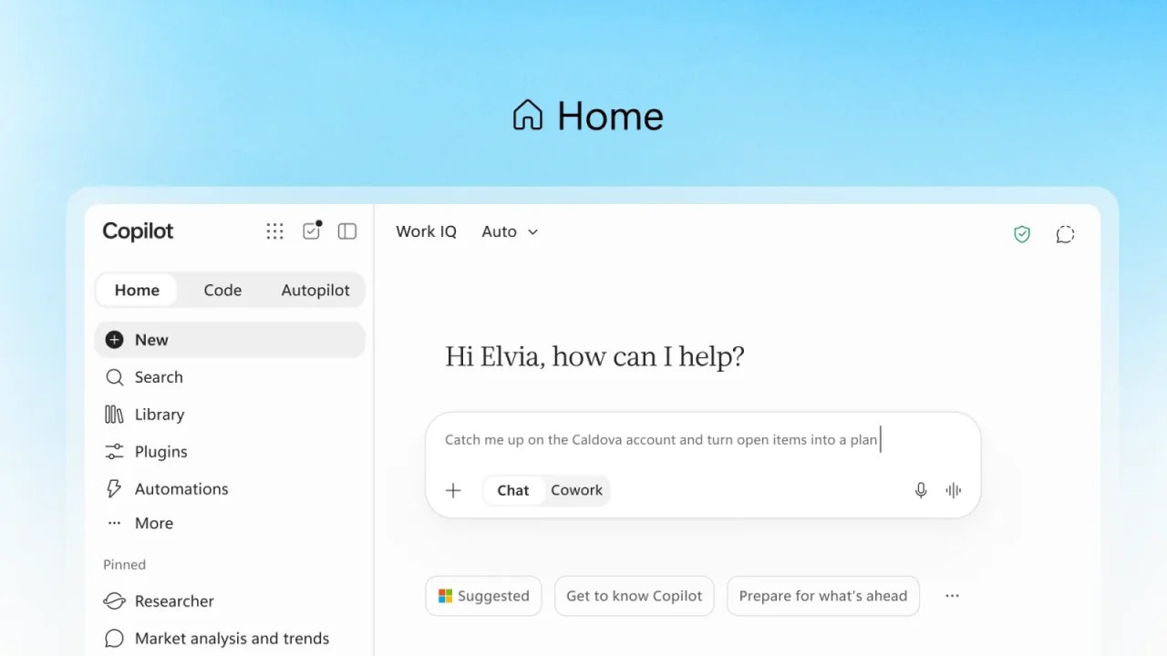 Ứng dụng Microsoft 365 Copilot mới với nút chọn Chat hoặc Cowork trong ô nhập yêu cầu