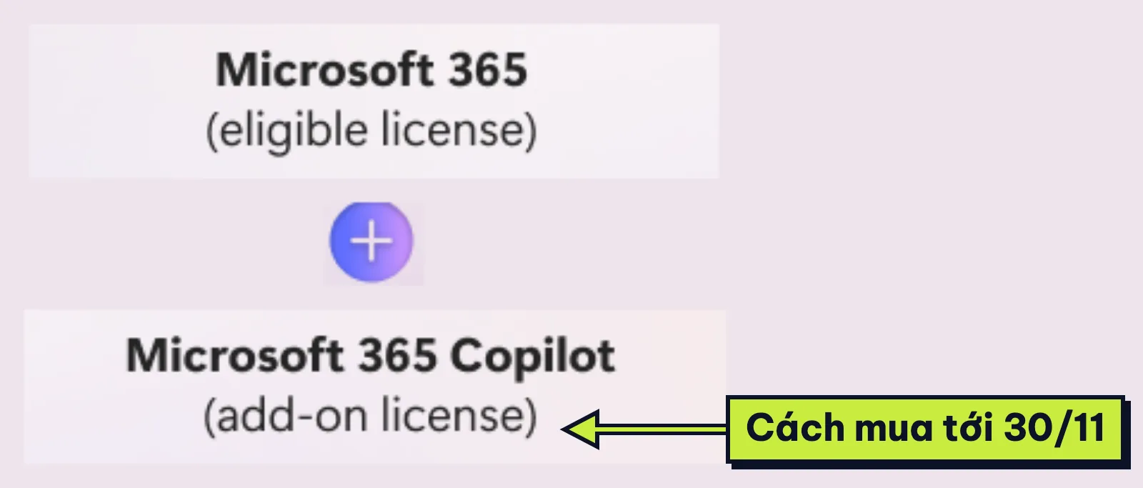 Sơ đồ Microsoft 365 Copilot giá theo kiểu add-on, phải có gói Microsoft 365 đủ điều kiện