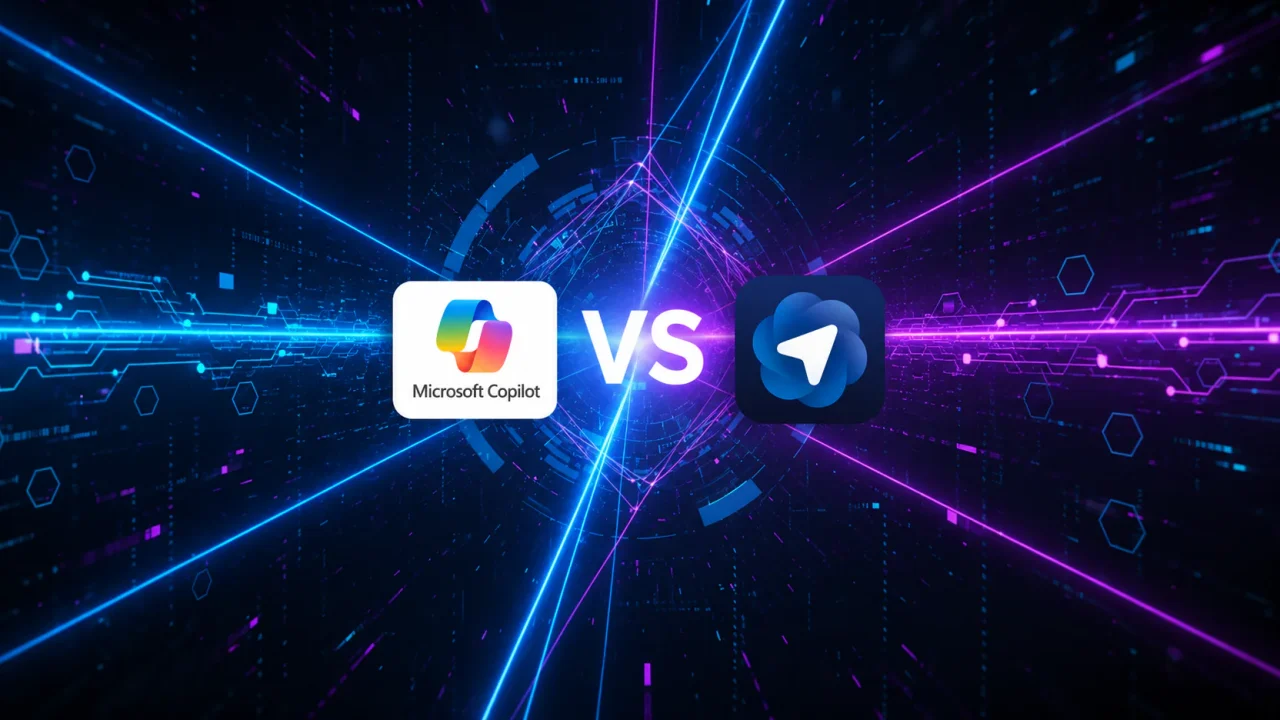Logo Microsoft Copilot đối đầu biểu tượng ChatGPT Atlas, chữ VS giữa nền công nghệ xanh tím
