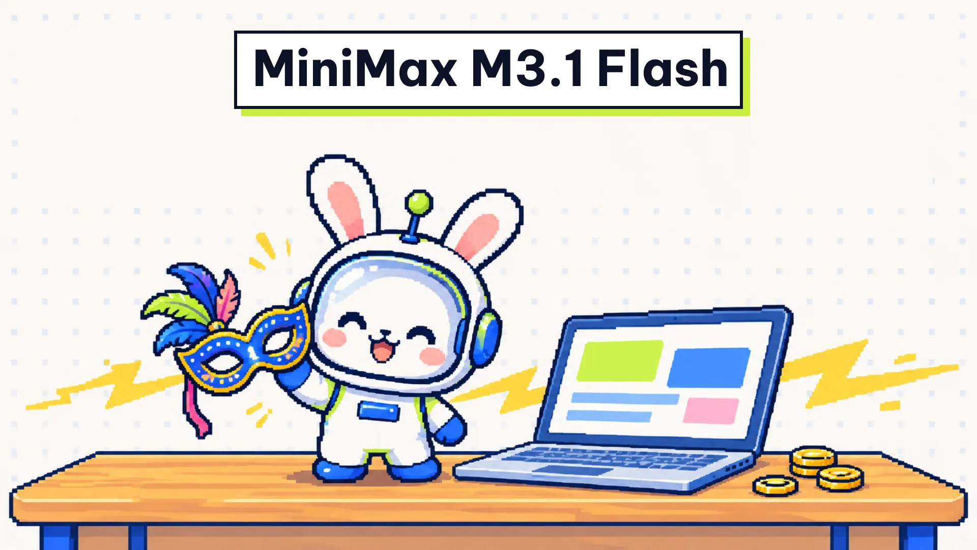 Tranh pixel-art chú thỏ đội mũ phi hành gia tháo mặt nạ cạnh laptop, minh hoạ MiniMax M3.1 Flash lộ diện sau tên Space Bunny