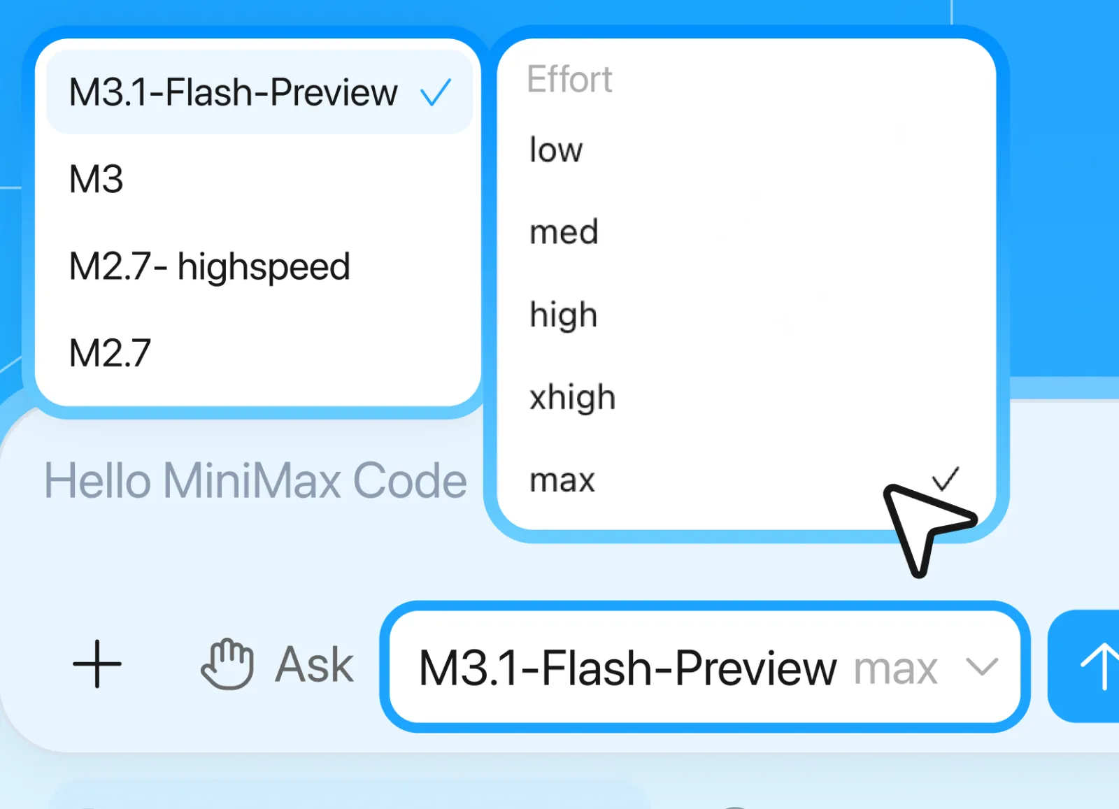 Menu MiniMax Code chọn M3.1-Flash-Preview và mức suy nghĩ từ low tới max