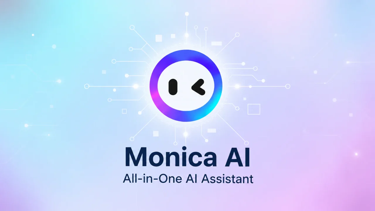 Logo Monica AI hình mặt cười nháy mắt trong vòng gradient tím xanh, mạch điện tỏa ra trên nền pastel, chữ Monica AI