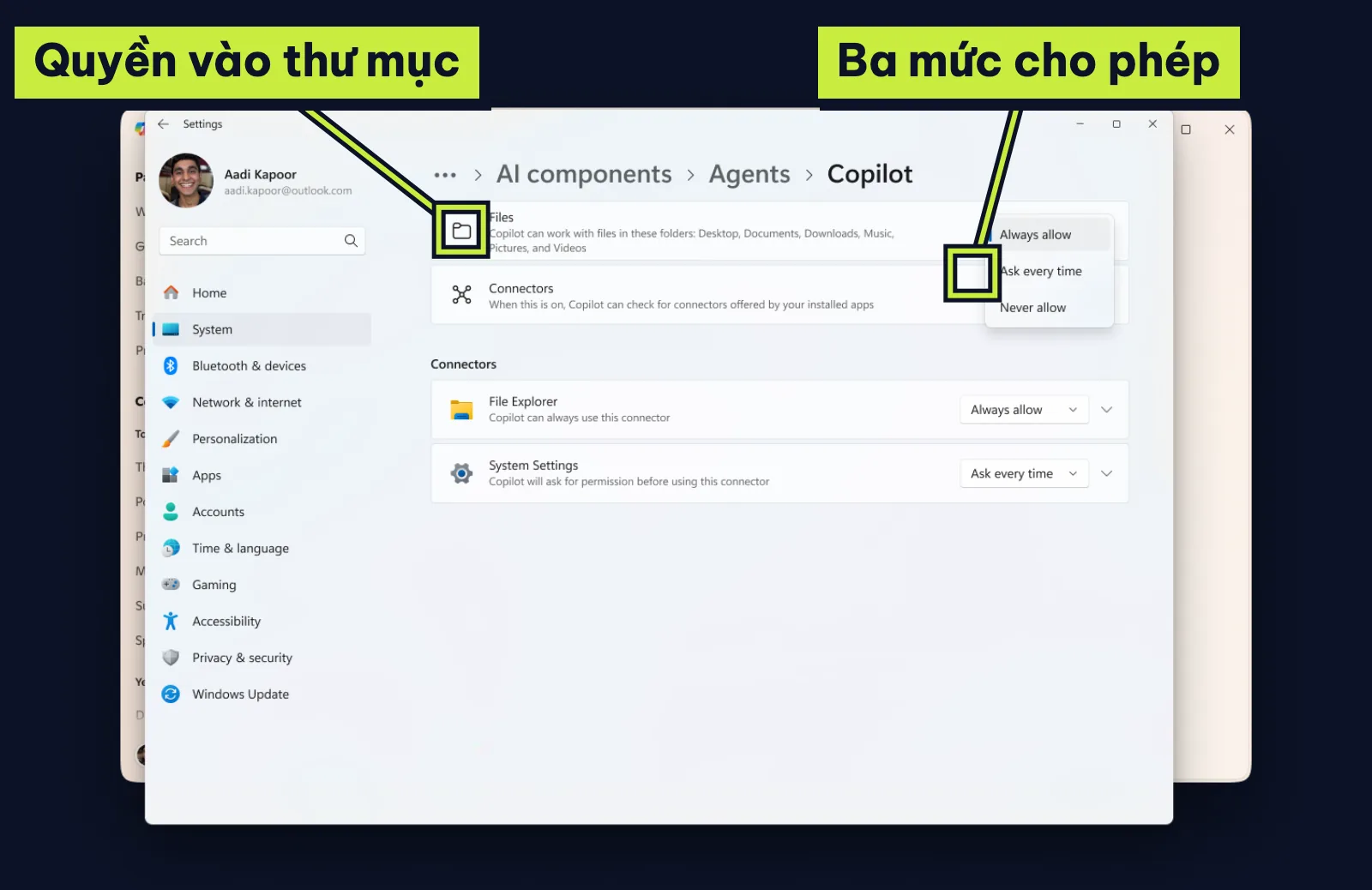 Trang cài đặt Windows cho chọn mức quyền vào thư mục của tác nhân Copilot: luôn cho, hỏi mỗi lần, không cho