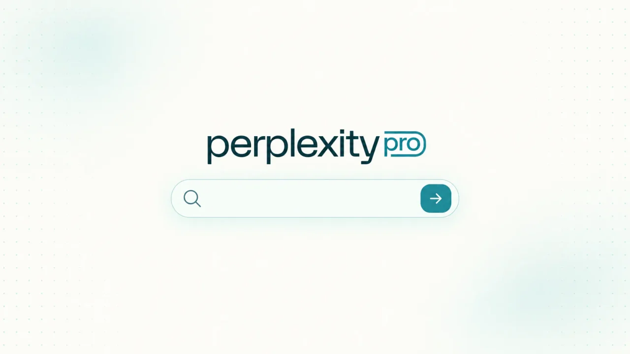 Logo Perplexity Pro màu xanh mòng két trên nền kem, bên dưới là ô tìm kiếm trống có nút mũi tên