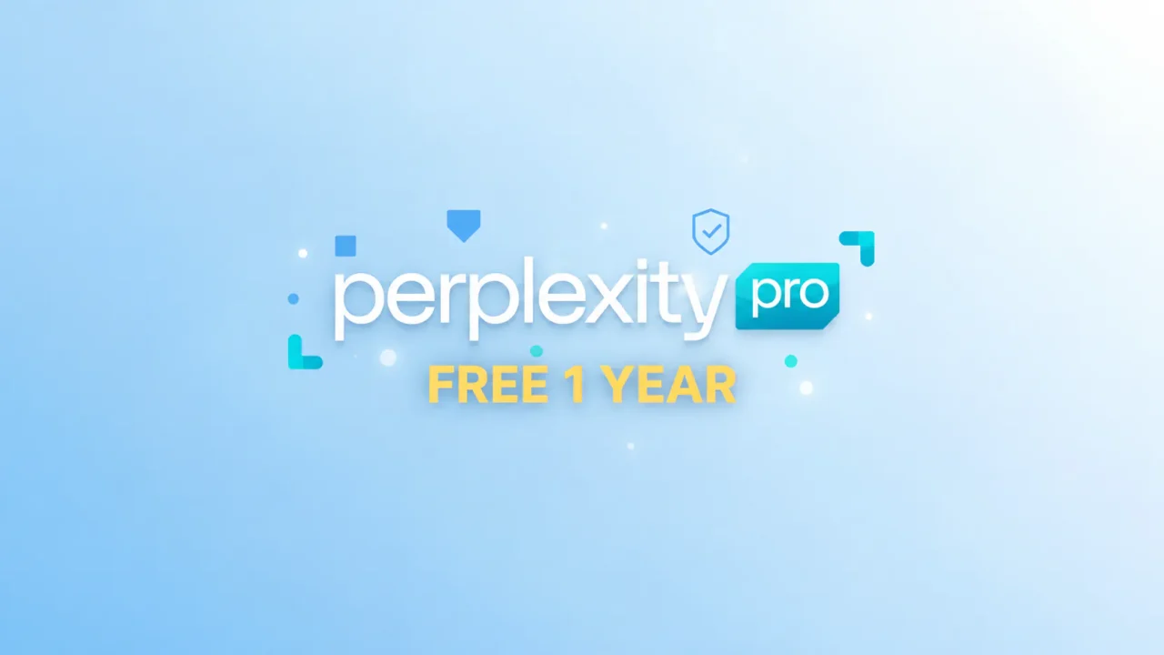Chữ perplexity kèm nhãn pro màu xanh ngọc và dòng FREE 1 YEAR vàng trên nền xanh nhạt