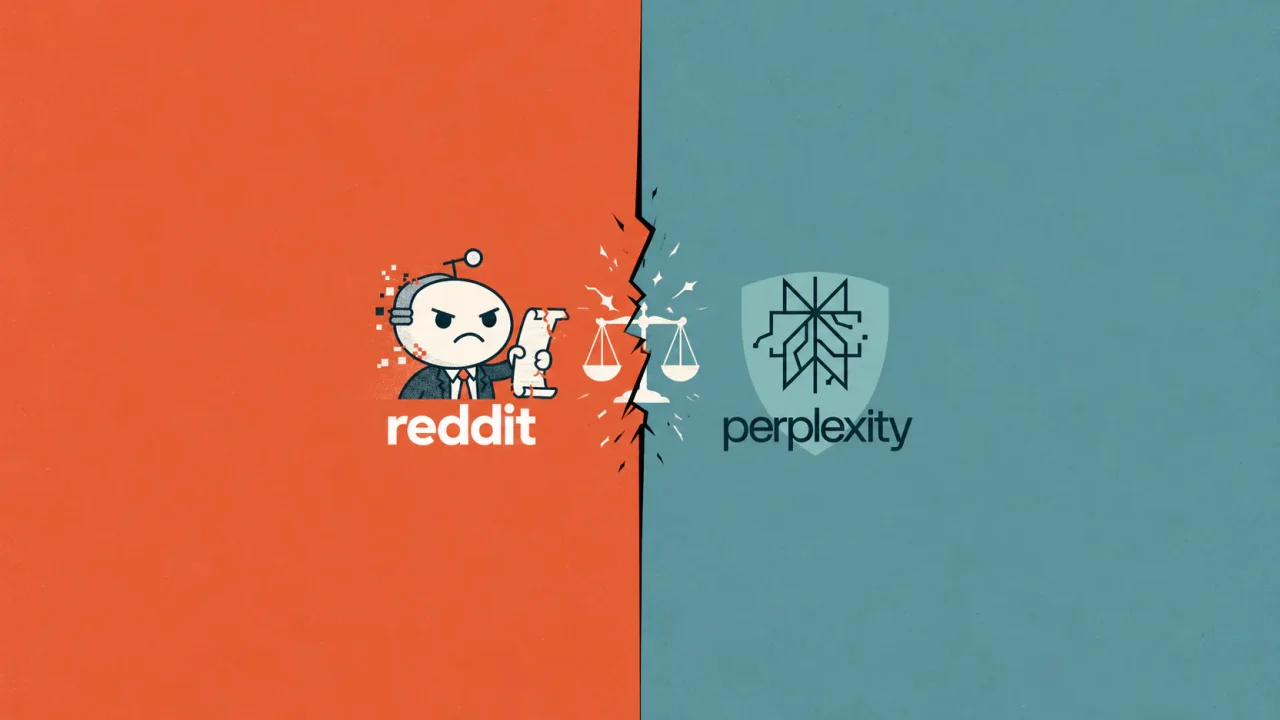 Linh vật Reddit cau có cầm đơn kiện, cán cân công lý nứt đôi và logo Perplexity trên nền cam và xanh
