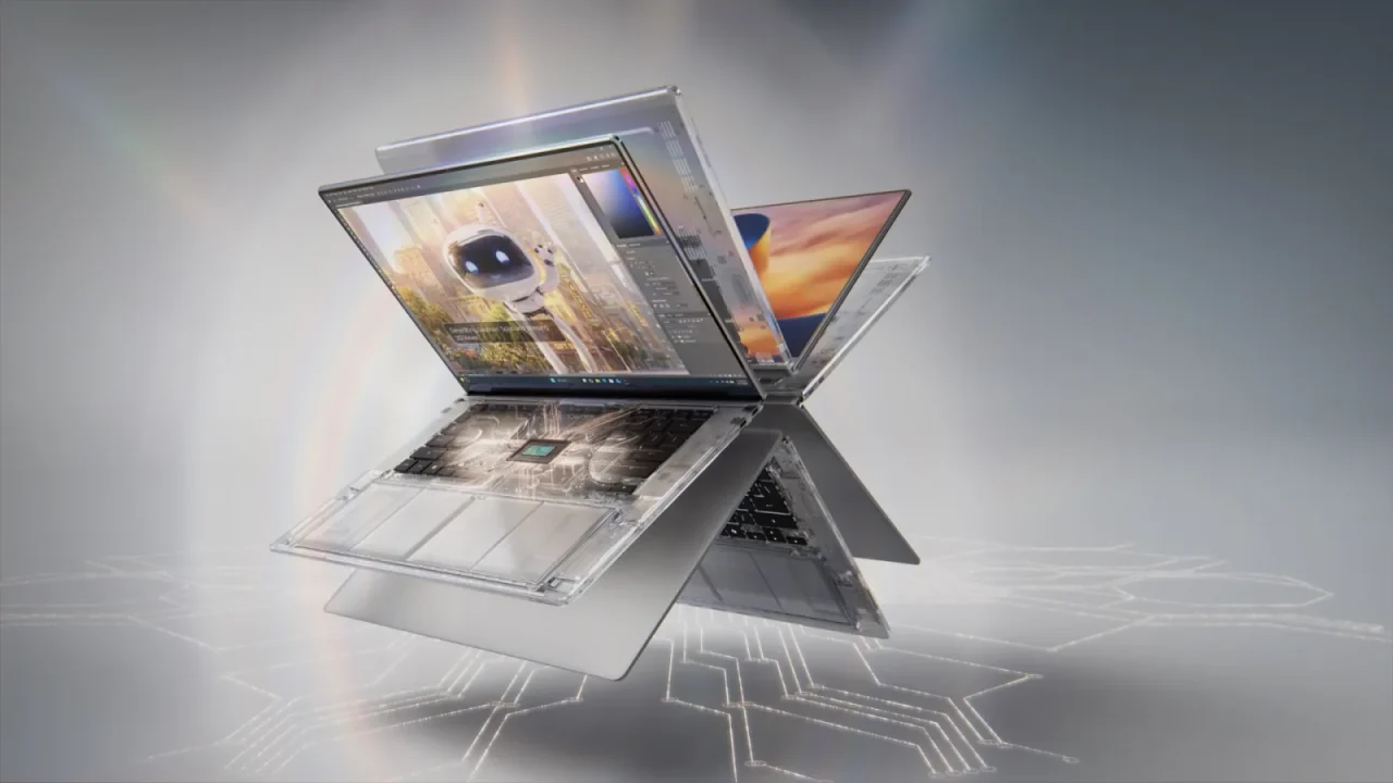 Laptop RTX Spark mở ra với màn hình chỉnh ảnh, chip NVIDIA lộ dưới phần thân trong suốt