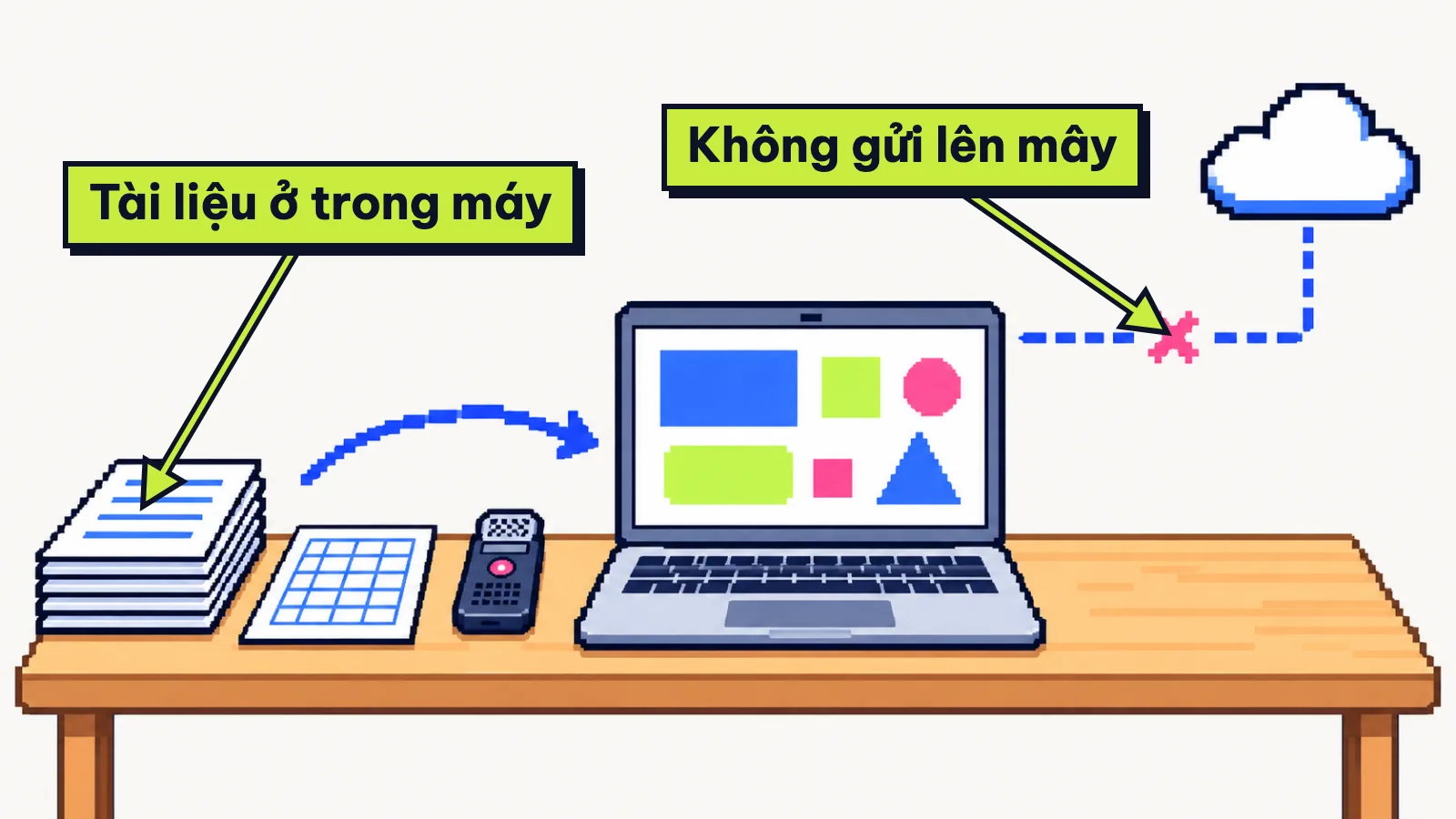 Tranh laptop xử lý hợp đồng, bảng tính, ghi âm ngay trong máy, không gửi lên đám mây