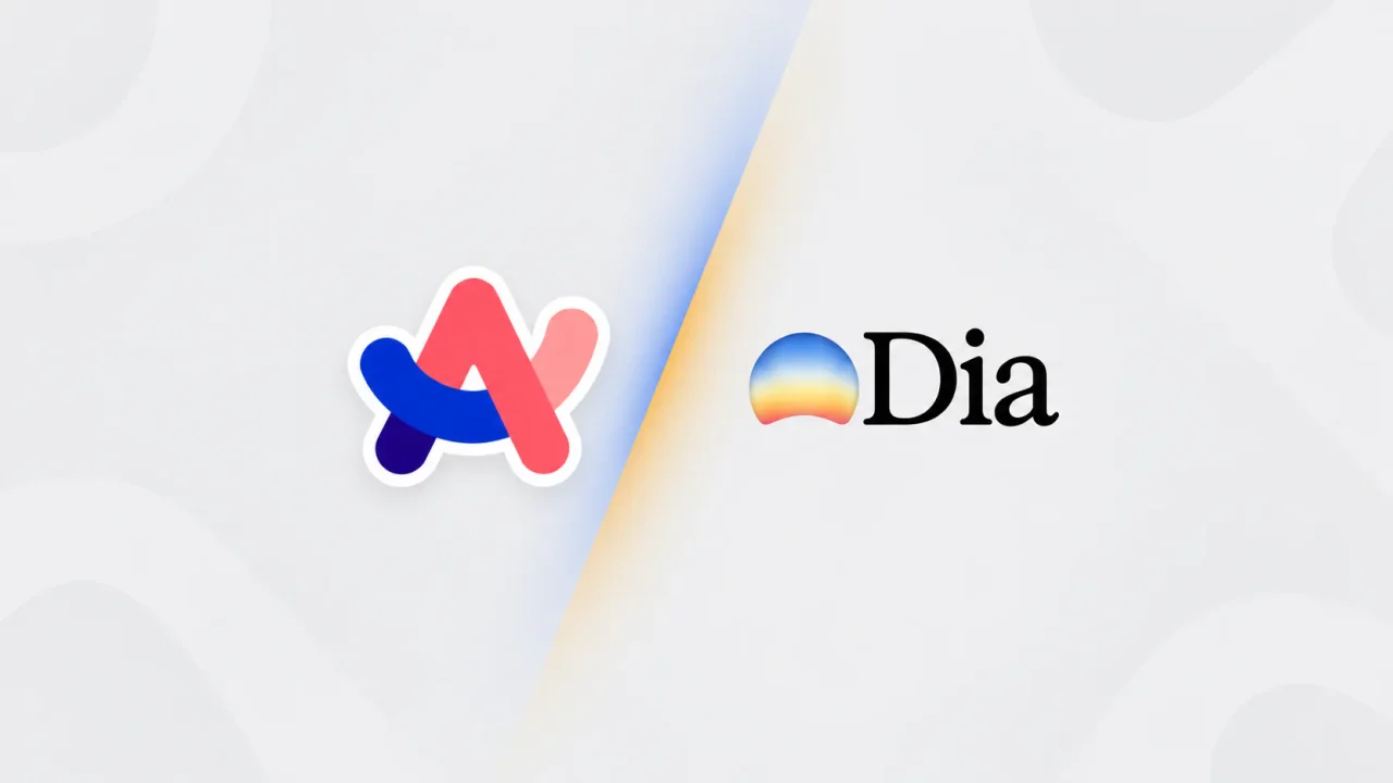 Logo trình duyệt Arc và logo Dia đặt cạnh nhau, ngăn bởi vệt sáng chéo trên nền xám nhạt