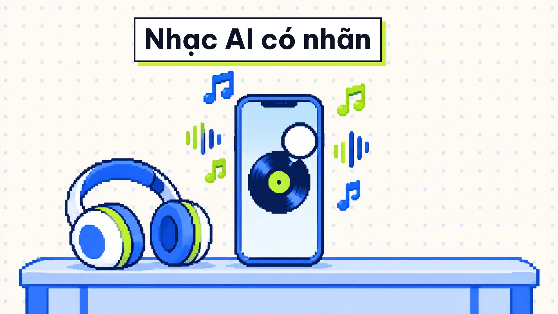 Điện thoại đang phát nhạc đặt cạnh chiếc tai nghe trên bàn