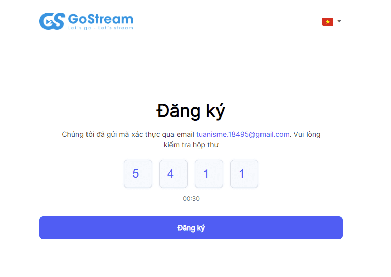 Nhập mã xác nhận gostream và chọn đăng ký